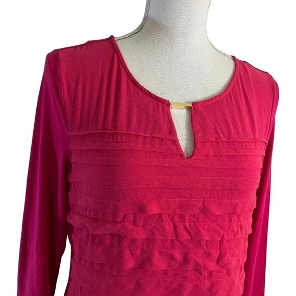 Calvin Klein Blouse Medium Hot Pink Tiered Ruffle Keyhole Neck Preppy 3/4 Sleeve - Picture 5 of 8